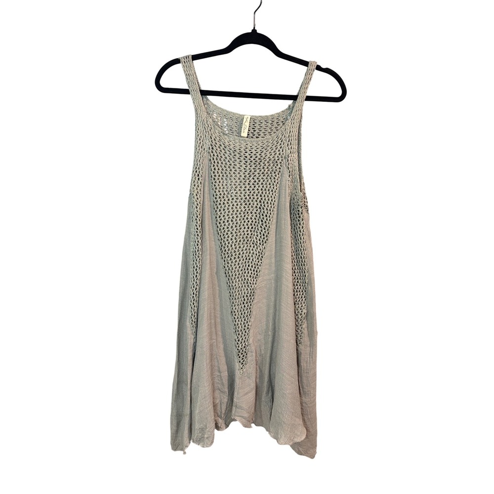 Elan Crochet Knit Panel Handkerchief Hem Tank Dress Sage Green Small CR5145